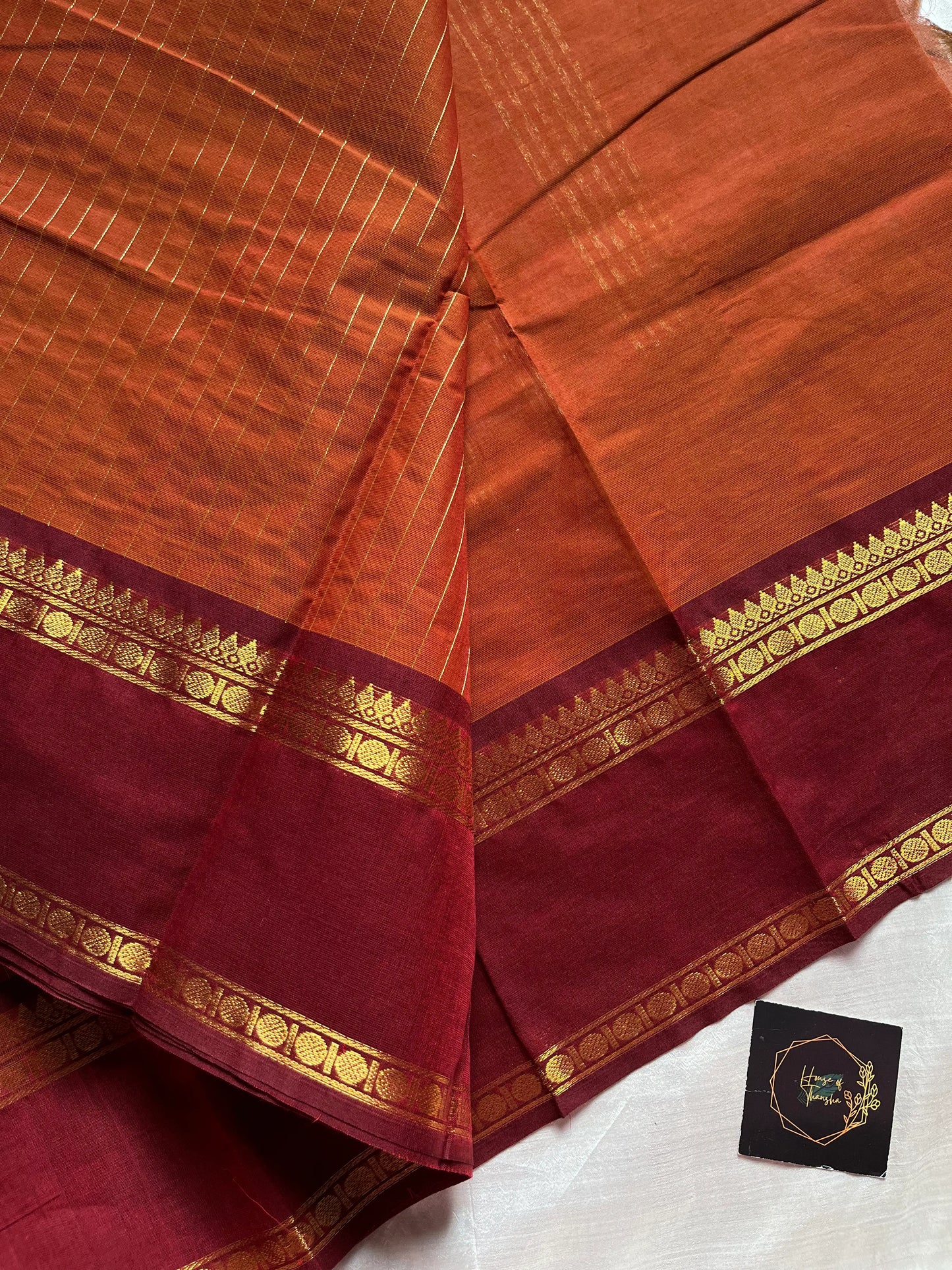 Rust Orange Kanchi cotton saree with maroon Rettaipettu border and zari pallu – House of Thansha