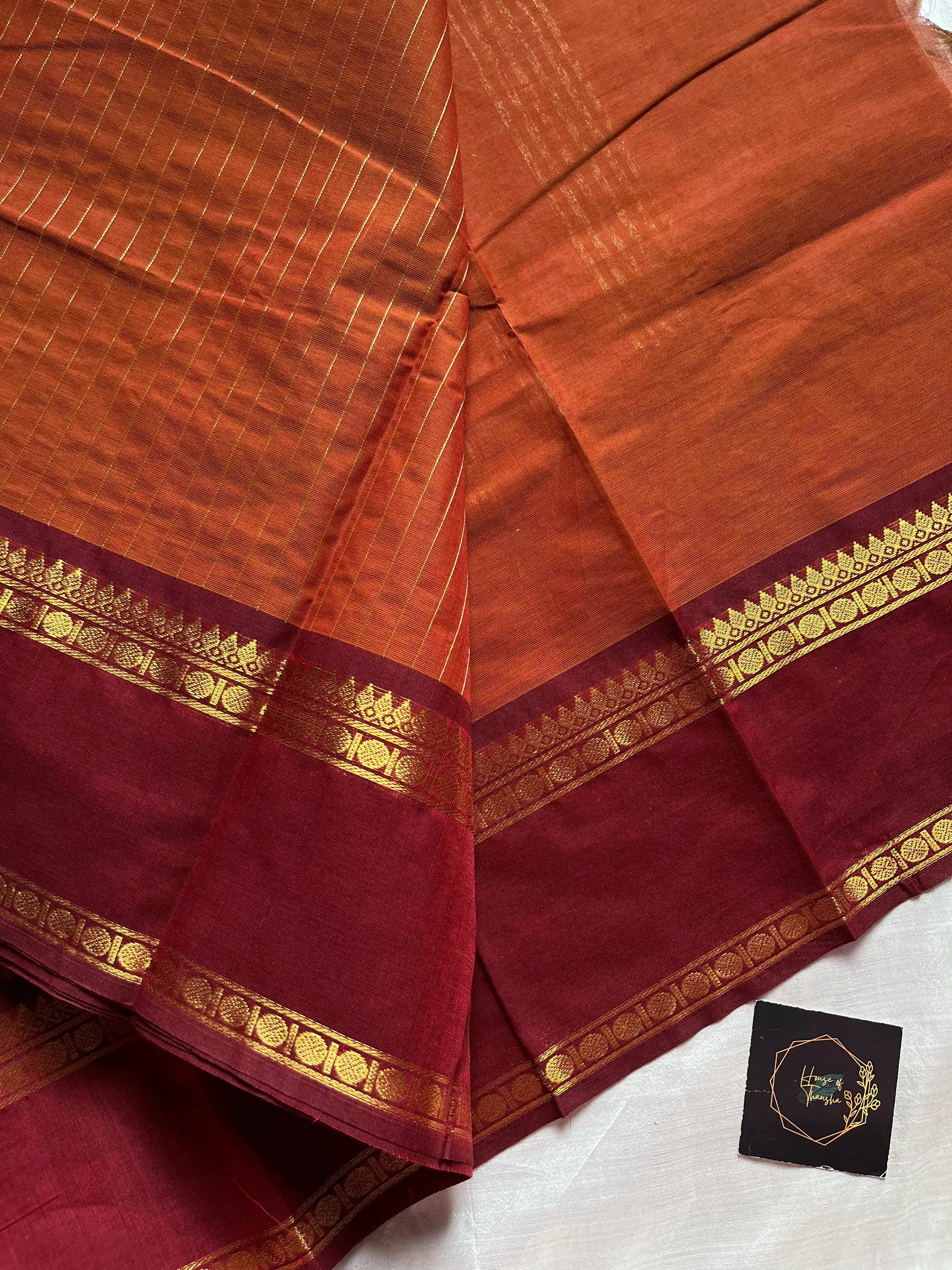 Rust Orange Kanchi cotton saree with maroon Rettaipettu border and zari pallu – House of Thansha