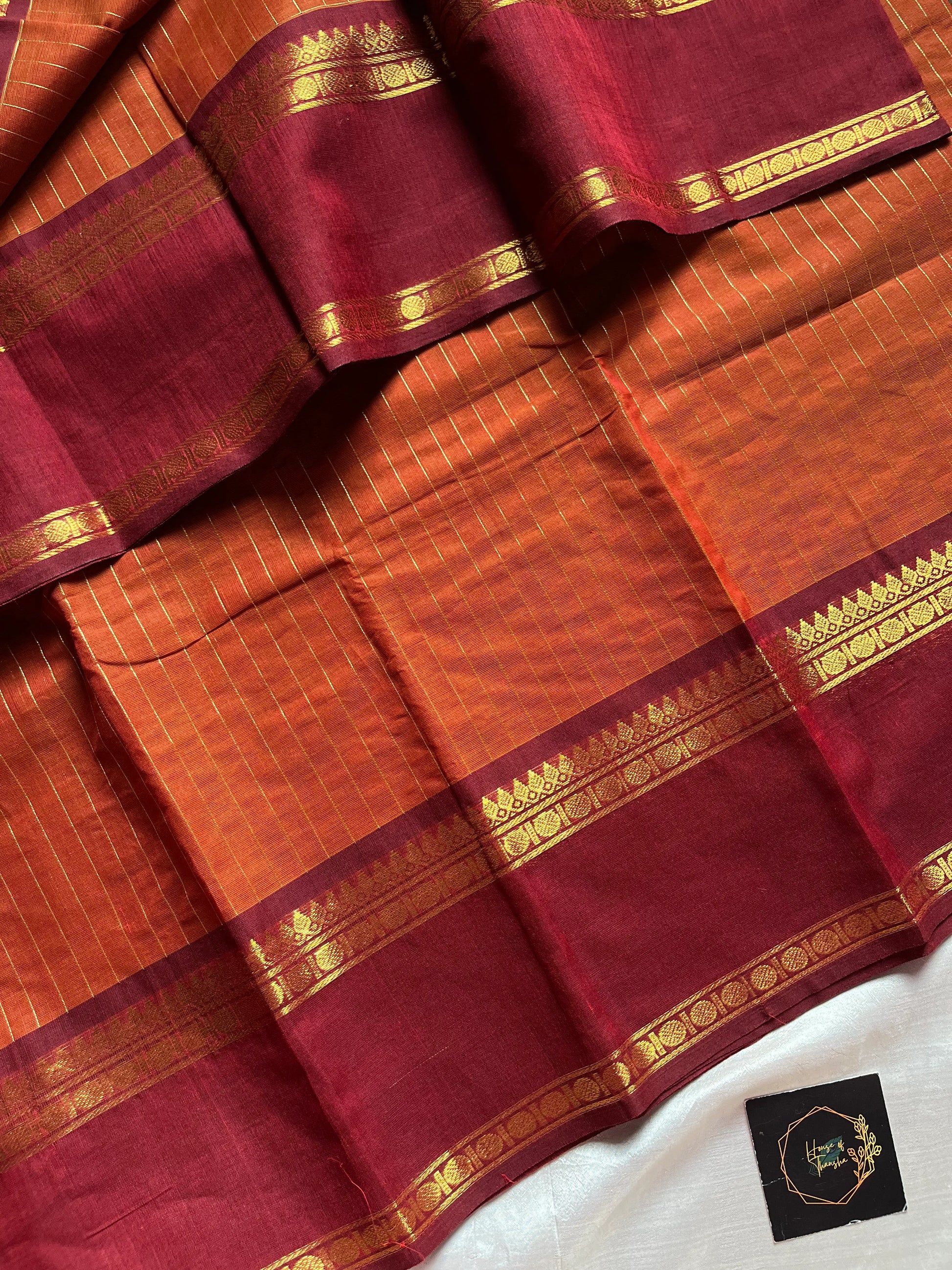 Rust Orange Kanchi cotton saree with maroon Rettaipettu border and zari pallu – House of Thansha
