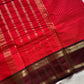 Festive red Kanchi cotton saree with zari stripes and dual Ganga Jamuna border in brown and green – House of Thansha Zari Edition