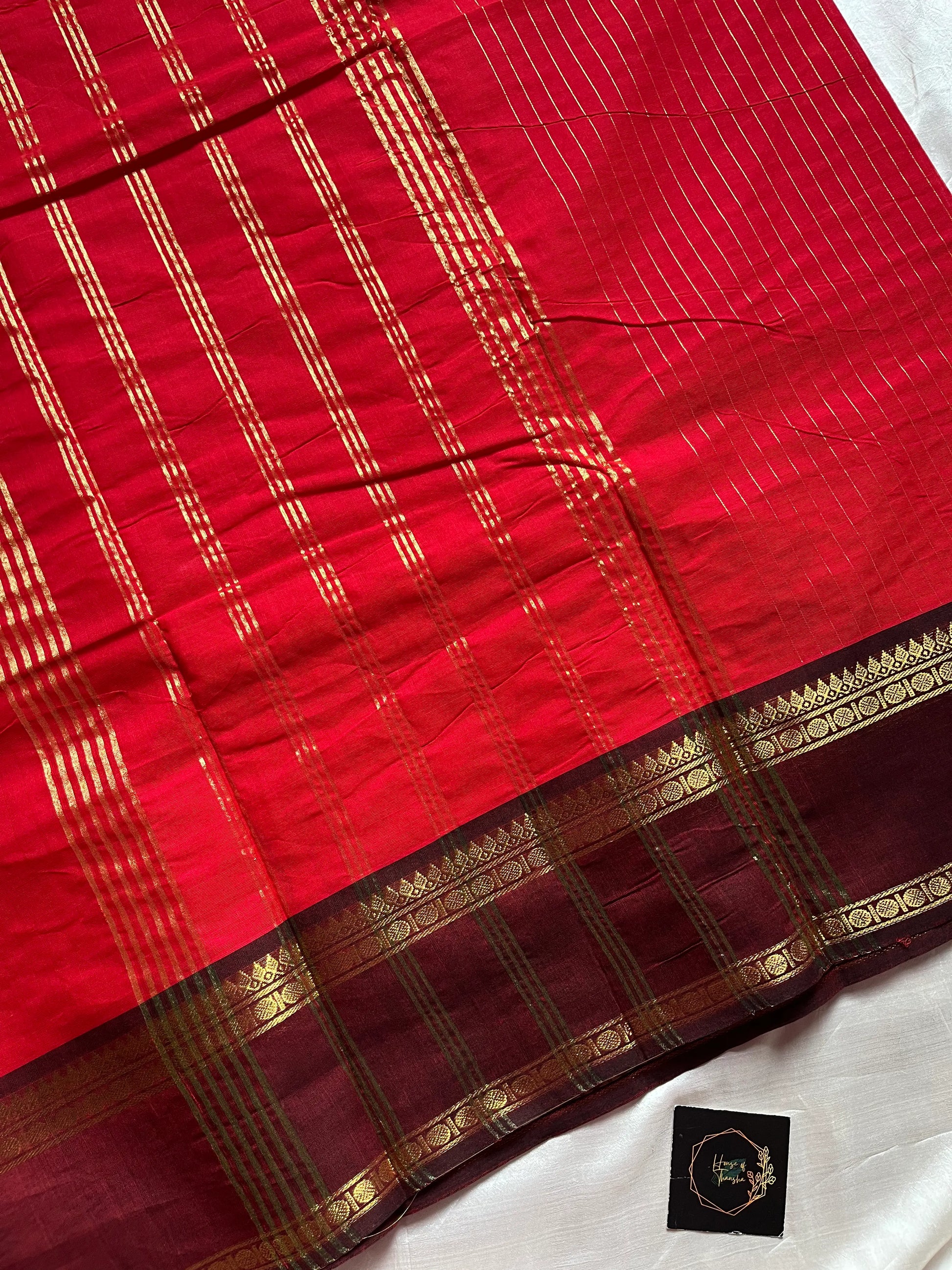 Festive red Kanchi cotton saree with zari stripes and dual Ganga Jamuna border in brown and green – House of Thansha Zari Edition