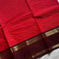 Festive red Kanchi cotton saree with zari stripes and dual Ganga Jamuna border in brown and green – House of Thansha Zari Edition