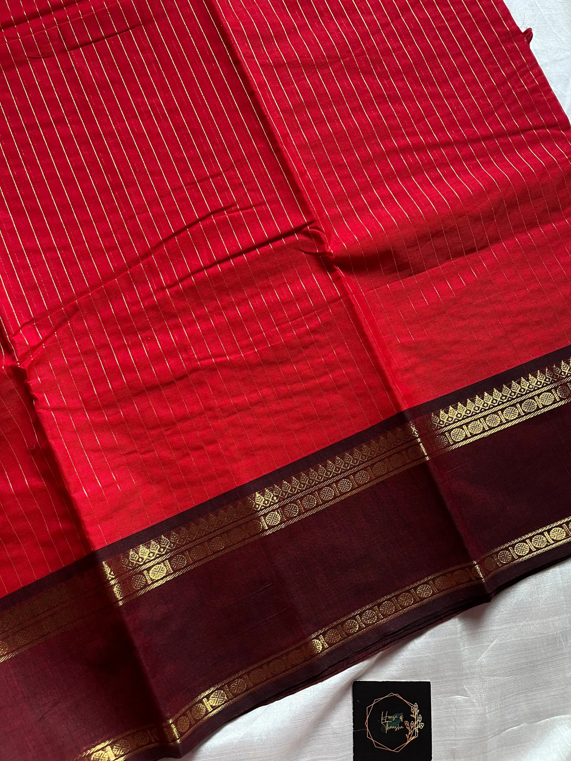 Festive red Kanchi cotton saree with zari stripes and dual Ganga Jamuna border in brown and green – House of Thansha Zari Edition