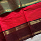 Festive red Kanchi cotton saree with zari stripes and dual Ganga Jamuna border in brown and green – House of Thansha Zari Edition
