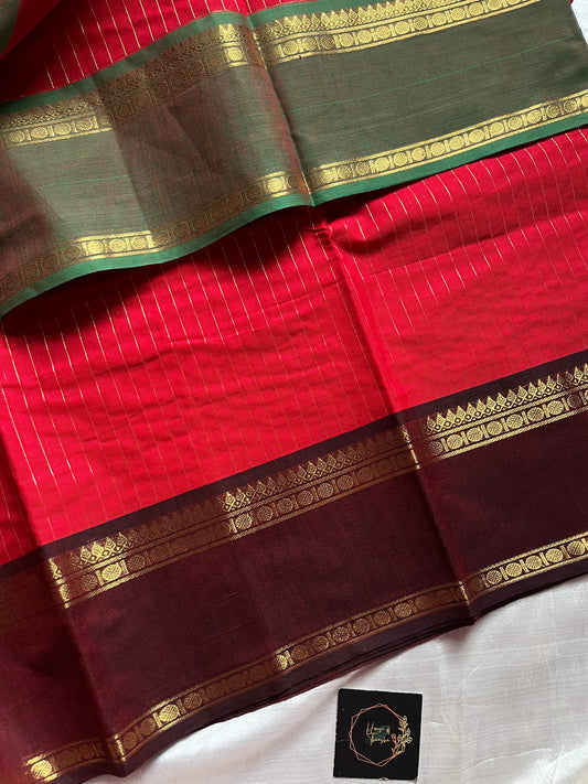 Festive red Kanchi cotton saree with zari stripes and dual Ganga Jamuna border in brown and green – House of Thansha Zari Edition