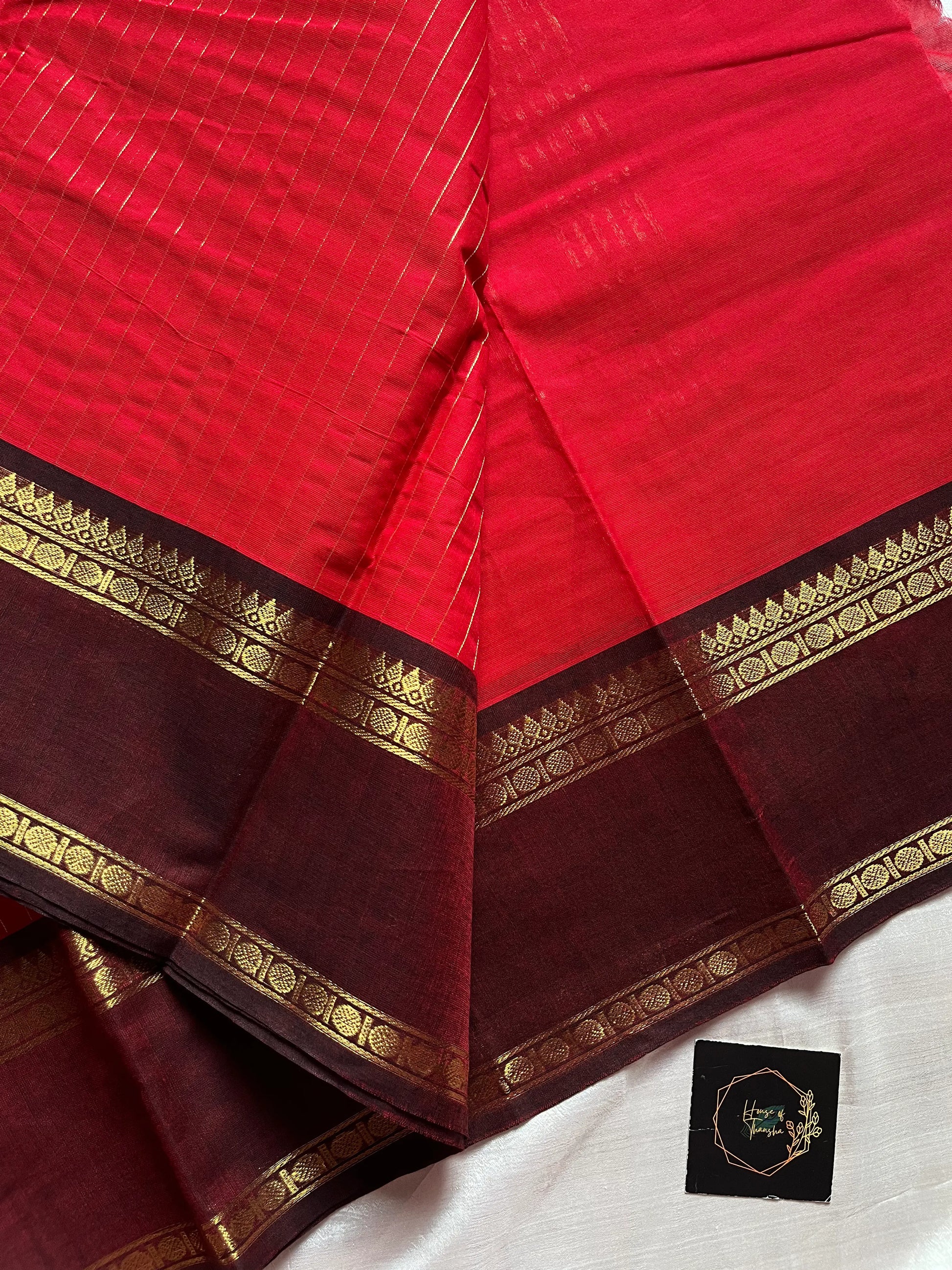 Festive red Kanchi cotton saree with zari stripes and dual Ganga Jamuna border in brown and green – House of Thansha Zari Edition