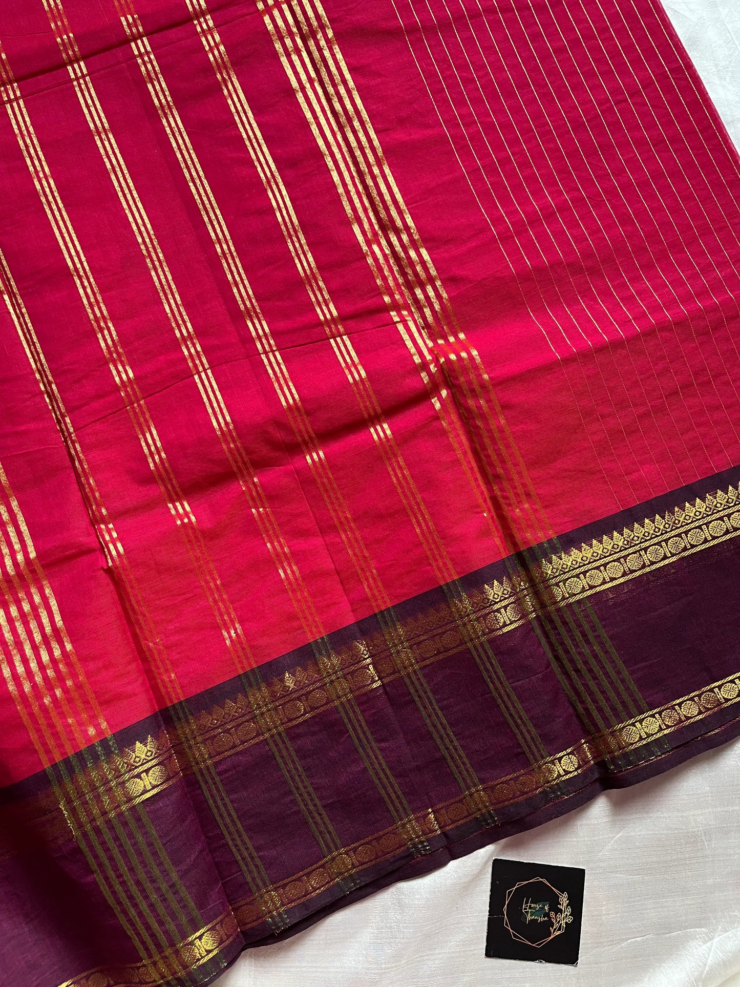 Rani Pink Kanchi cotton saree with Royal Violet border and zari pallu – House of Thansha