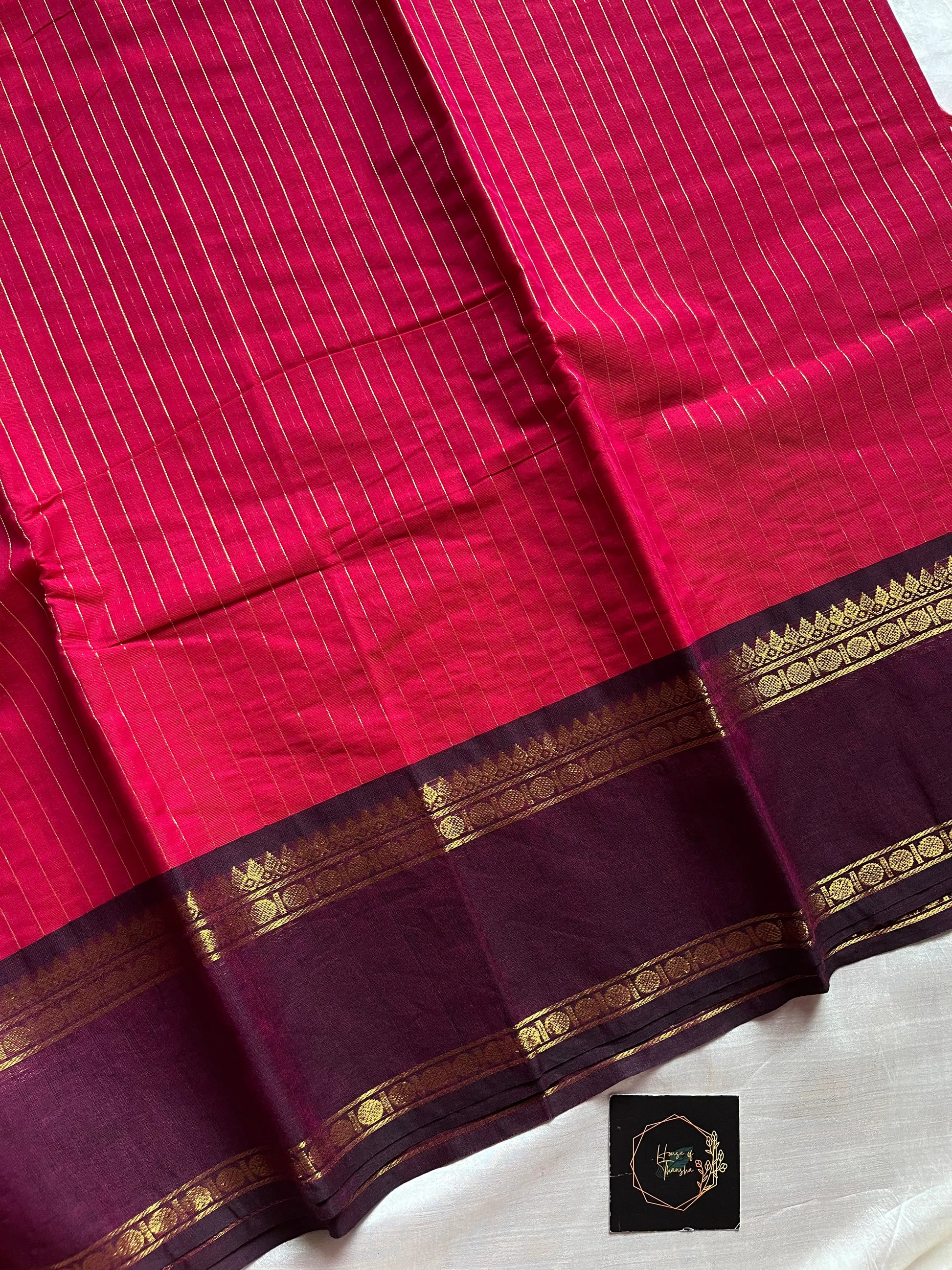 Rani Pink Kanchi cotton saree with Royal Violet border and zari pallu – House of Thansha