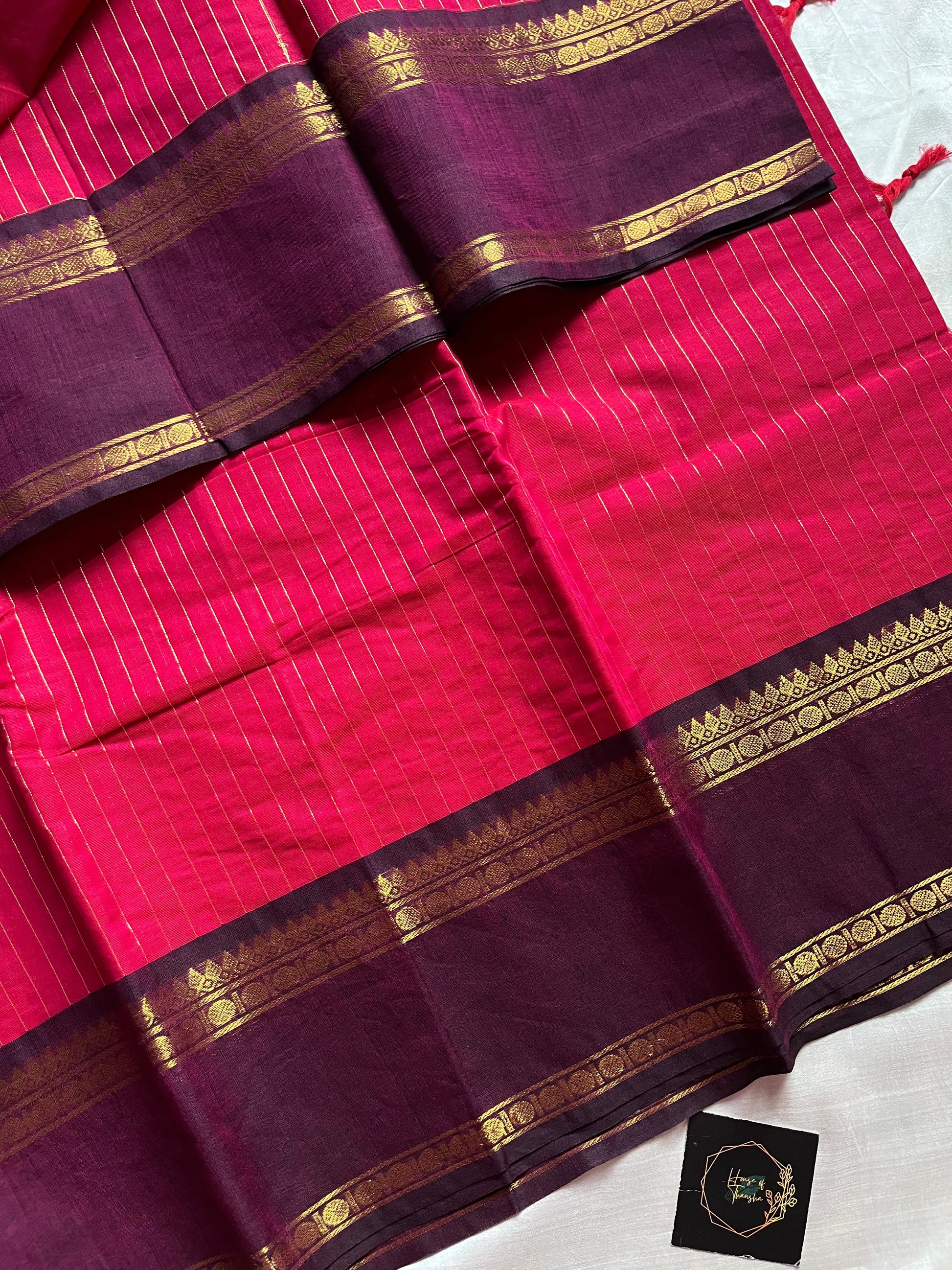 Rani Pink Kanchi cotton saree with Royal Violet border and zari pallu – House of Thansha