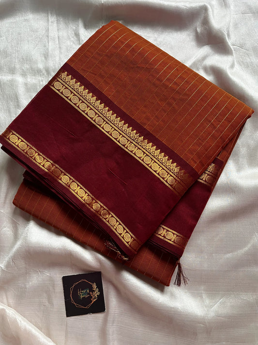 Rust Orange Kanchi cotton saree with maroon Rettaipettu border and zari pallu – House of Thansha