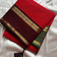 Festive red Kanchi cotton saree with zari stripes and dual Ganga Jamuna border in brown and green – House of Thansha Zari Edition