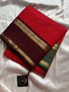 Festive red Kanchi cotton saree with zari stripes and dual Ganga Jamuna border in brown and green – House of Thansha Zari Edition