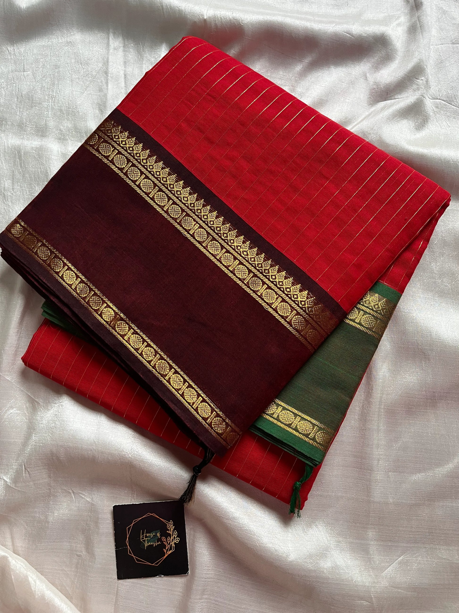 Festive red Kanchi cotton saree with zari stripes and dual Ganga Jamuna border in brown and green – House of Thansha Zari Edition
