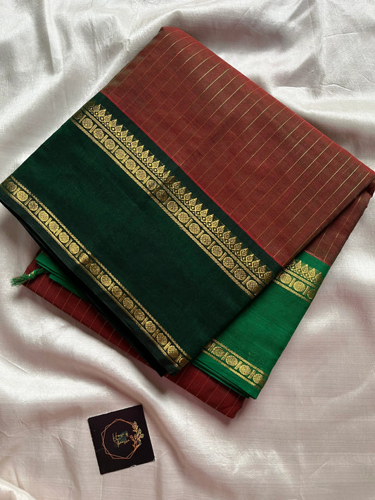Raw Mango Green Kanchi cotton saree with golden zari stripes and dual green border, vintage handloom festive edition.