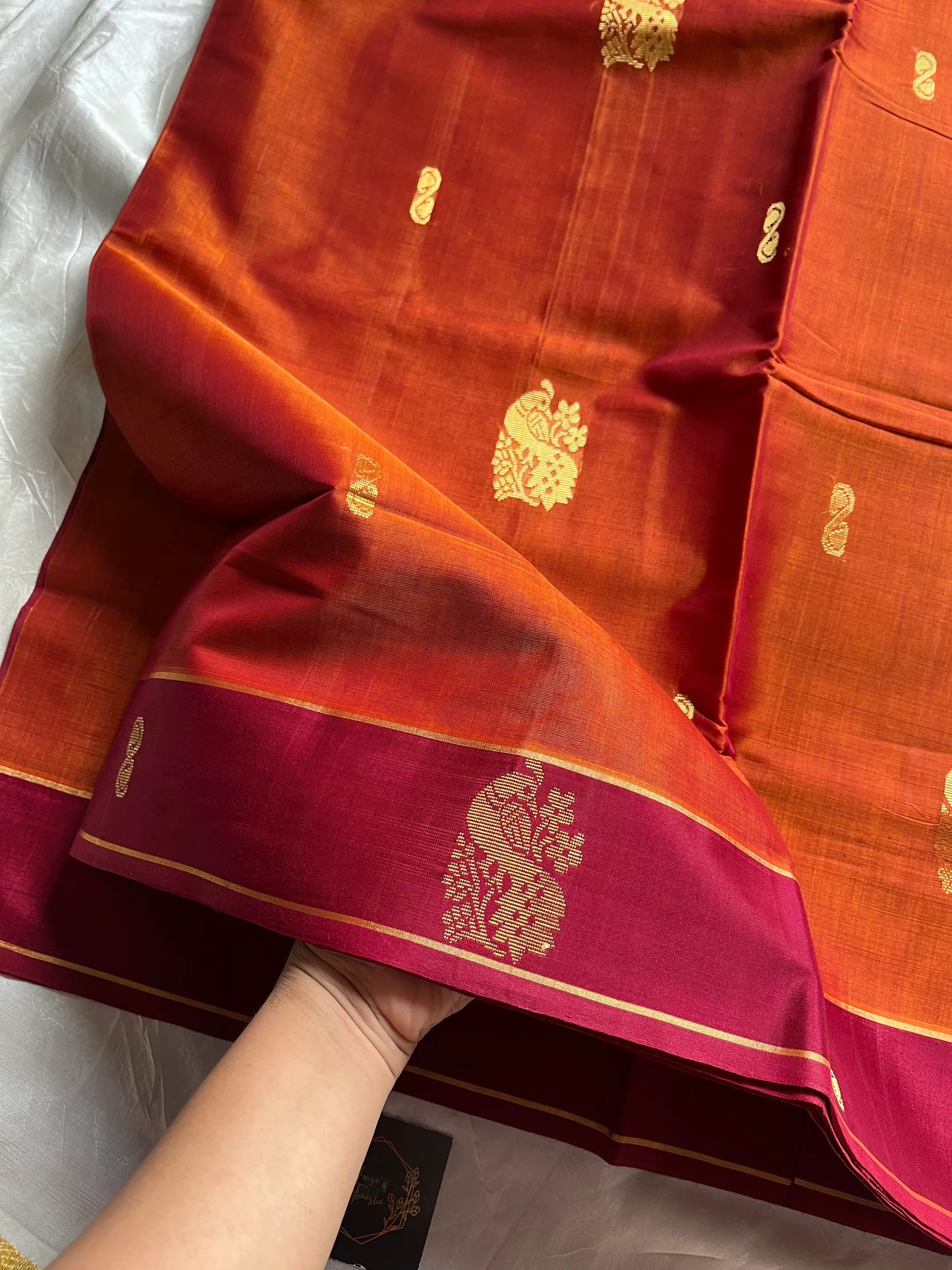 Vegan Weaves – Rust Orange 10 Yards Handloom Art Silk Saree