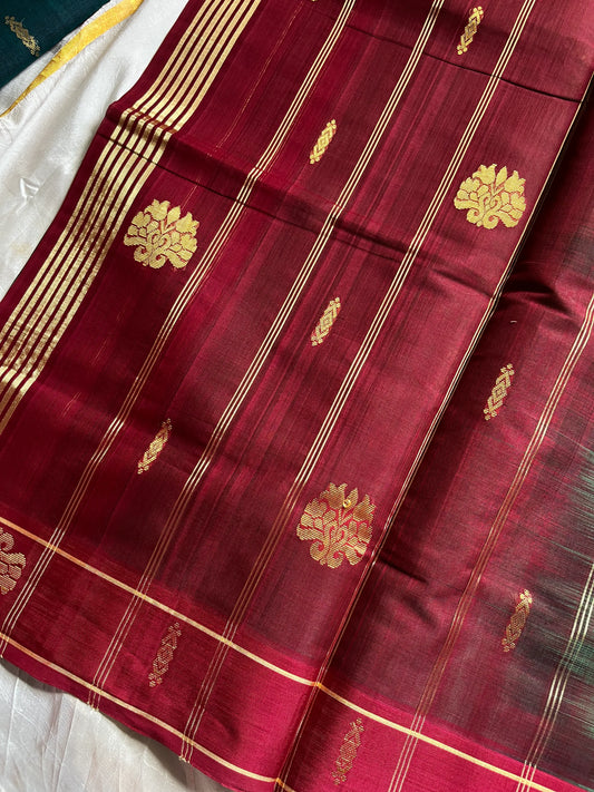 Green vegan handloom art silk saree with red contrast border – House of Thansha
