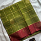 Olive green vegan checked handloom art silk saree with reddish maroon border and motifs – House of Thansha