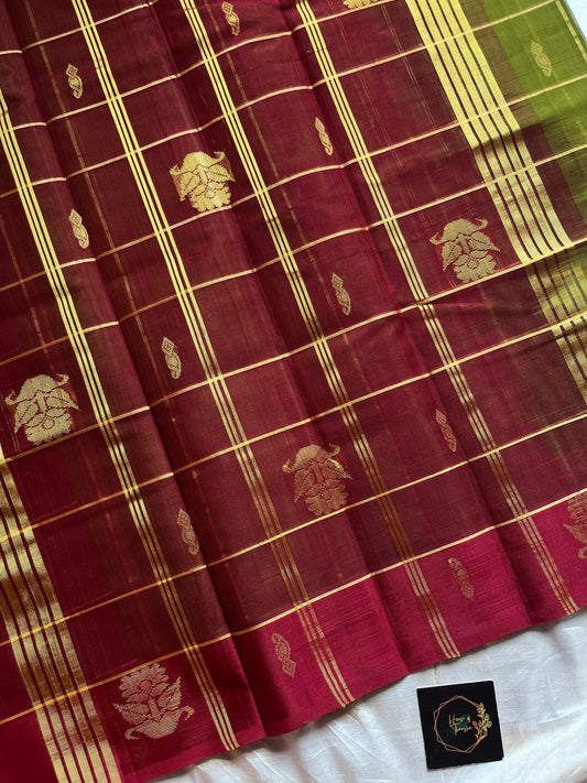 Vegan Weaves – Olive Green Checked Handloom Art Silk Saree