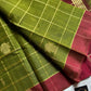 Olive green vegan checked handloom art silk saree with reddish maroon border and motifs – House of Thansha