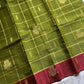 Olive green vegan checked handloom art silk saree with reddish maroon border and motifs – House of Thansha