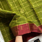 Olive green vegan checked handloom art silk saree with reddish maroon border and motifs – House of Thansha