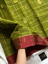 Olive green vegan checked handloom art silk saree with reddish maroon border and motifs – House of Thansha