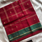 Maroon vegan checked handloom art silk saree with green border and motifs – House of Thansha
