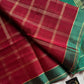 Maroon vegan checked handloom art silk saree with green border and motifs – House of Thansha