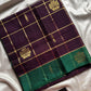 Royal purple vegan checked handloom art silk saree with green border and motifs – House of Thansha