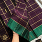 Royal purple vegan checked handloom art silk saree with green border and motifs – House of Thansha