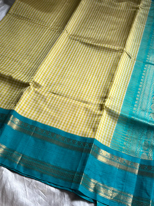 Paalum Pazhamum Kattam – Yellow Blue Checks Kanchi Silkcotton