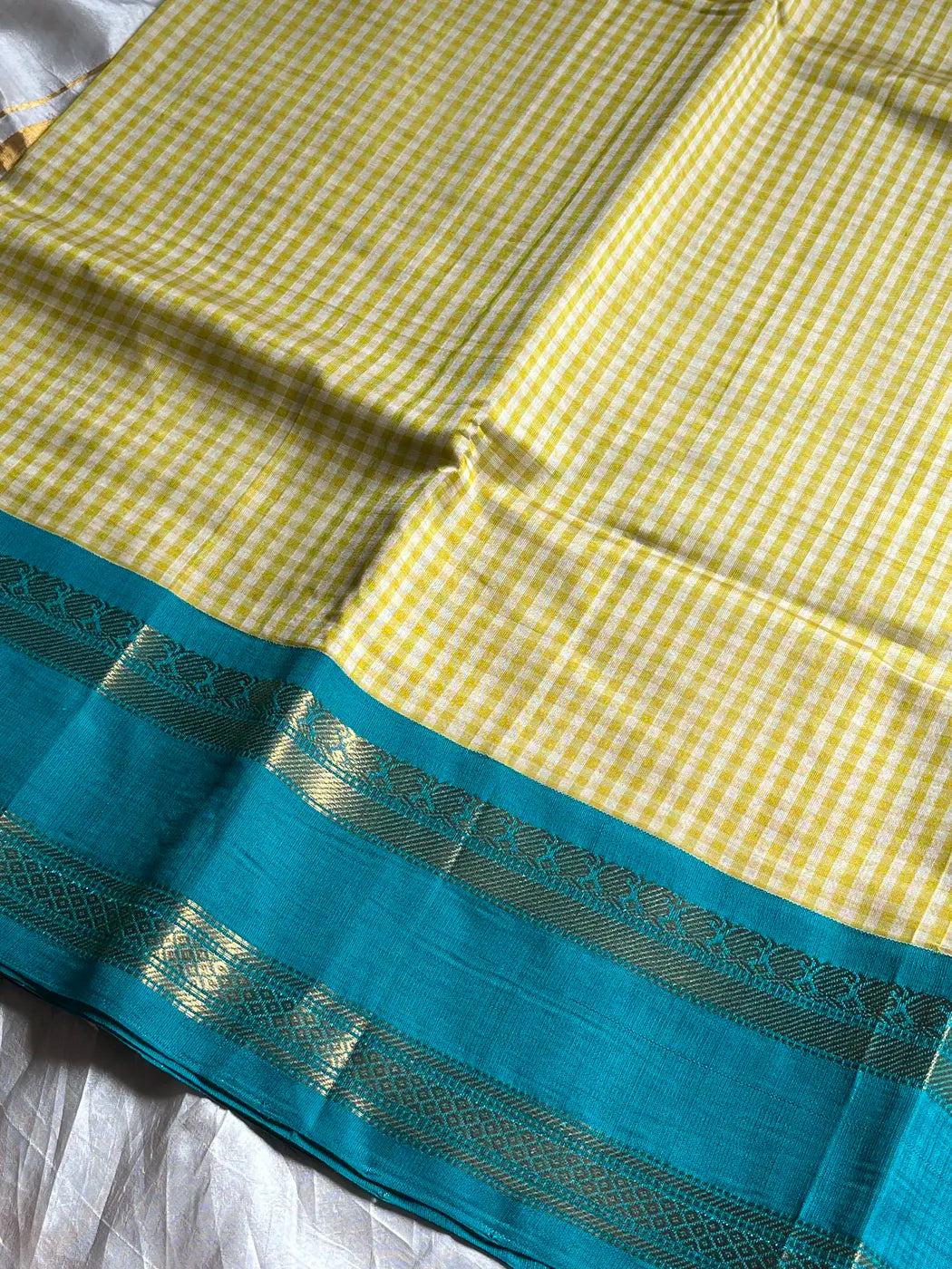 Paalum Pazhamum Kattam – Yellow Blue Checks Kanchi Silkcotton