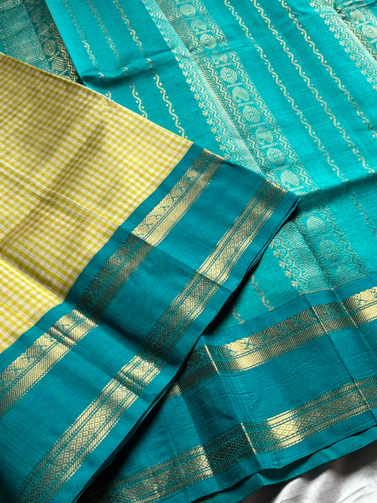 Paalum Pazhamum Kattam – Yellow Blue Checks Kanchi Silkcotton