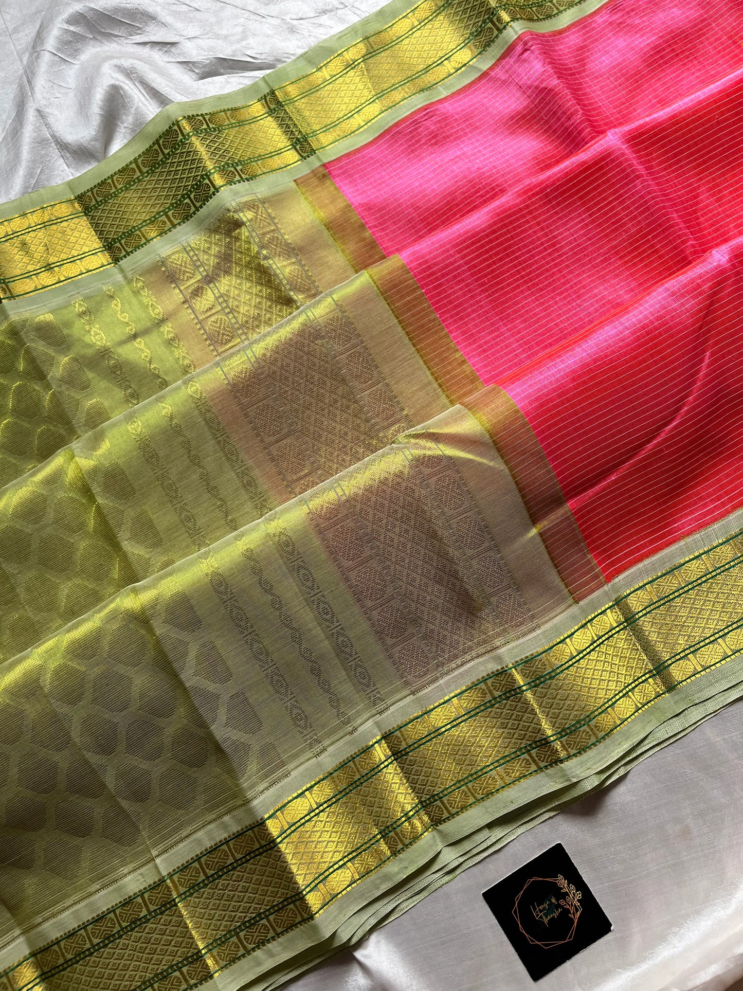 Pattu Nool Edit – Pink with Pastel Green Kanchi Silkcotton
