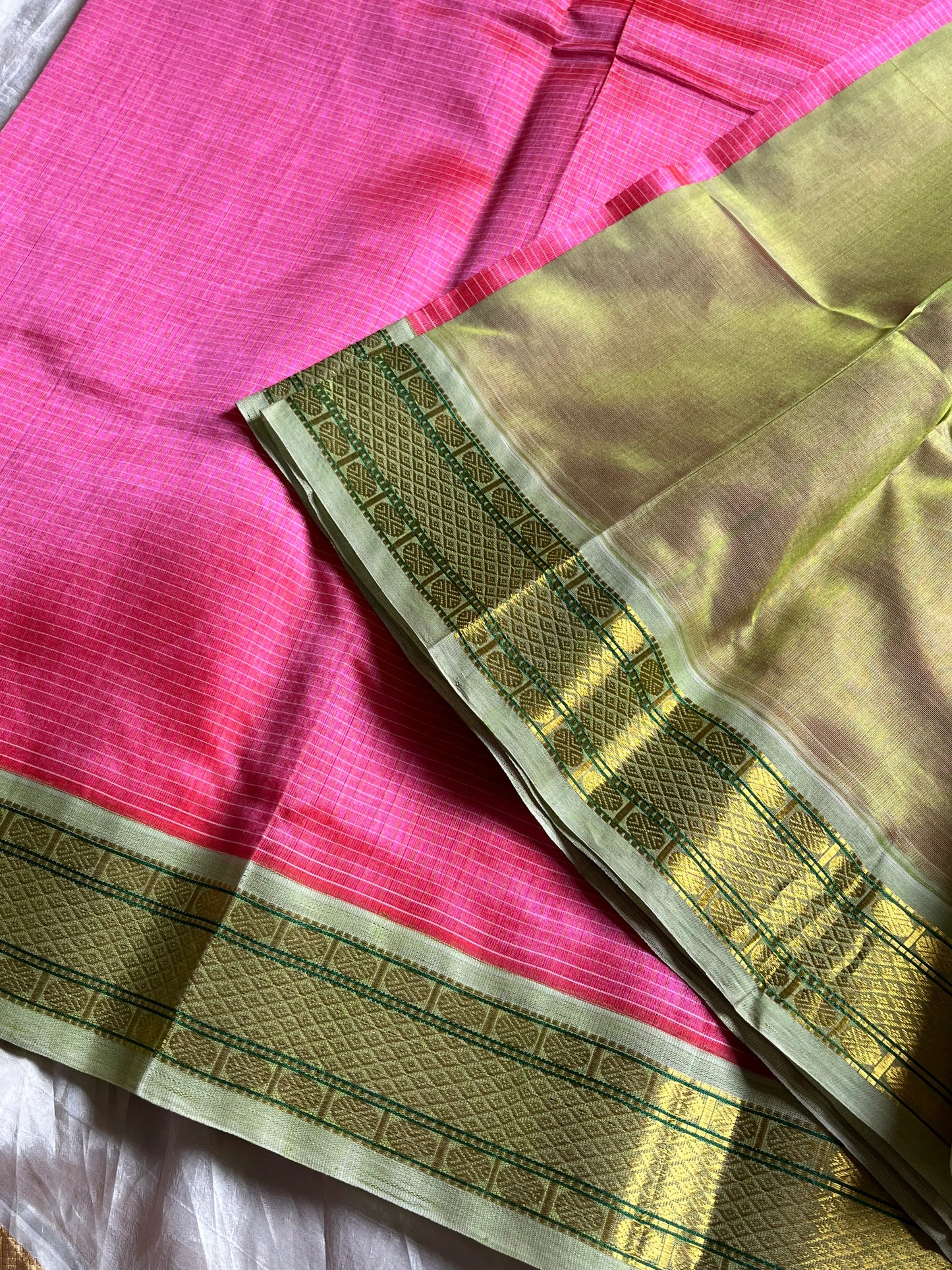 Pattu Nool Edit – Pink with Pastel Green Kanchi Silkcotton