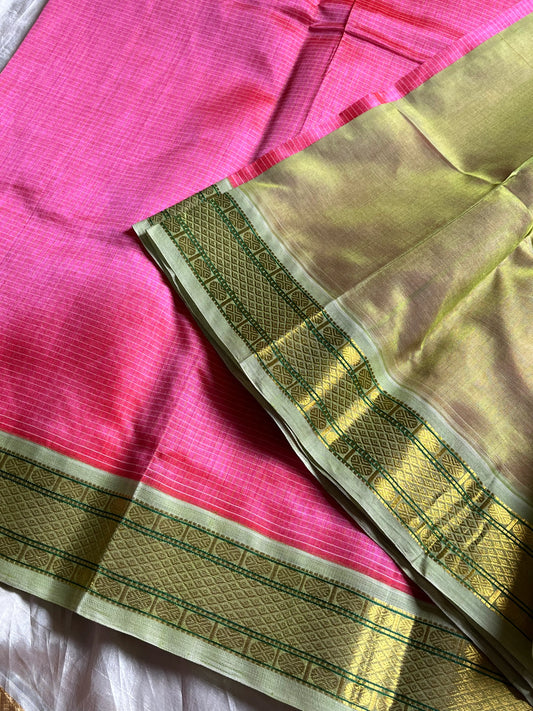 Pattu Nool Edit – Pink with Pastel Green Kanchi Silkcotton