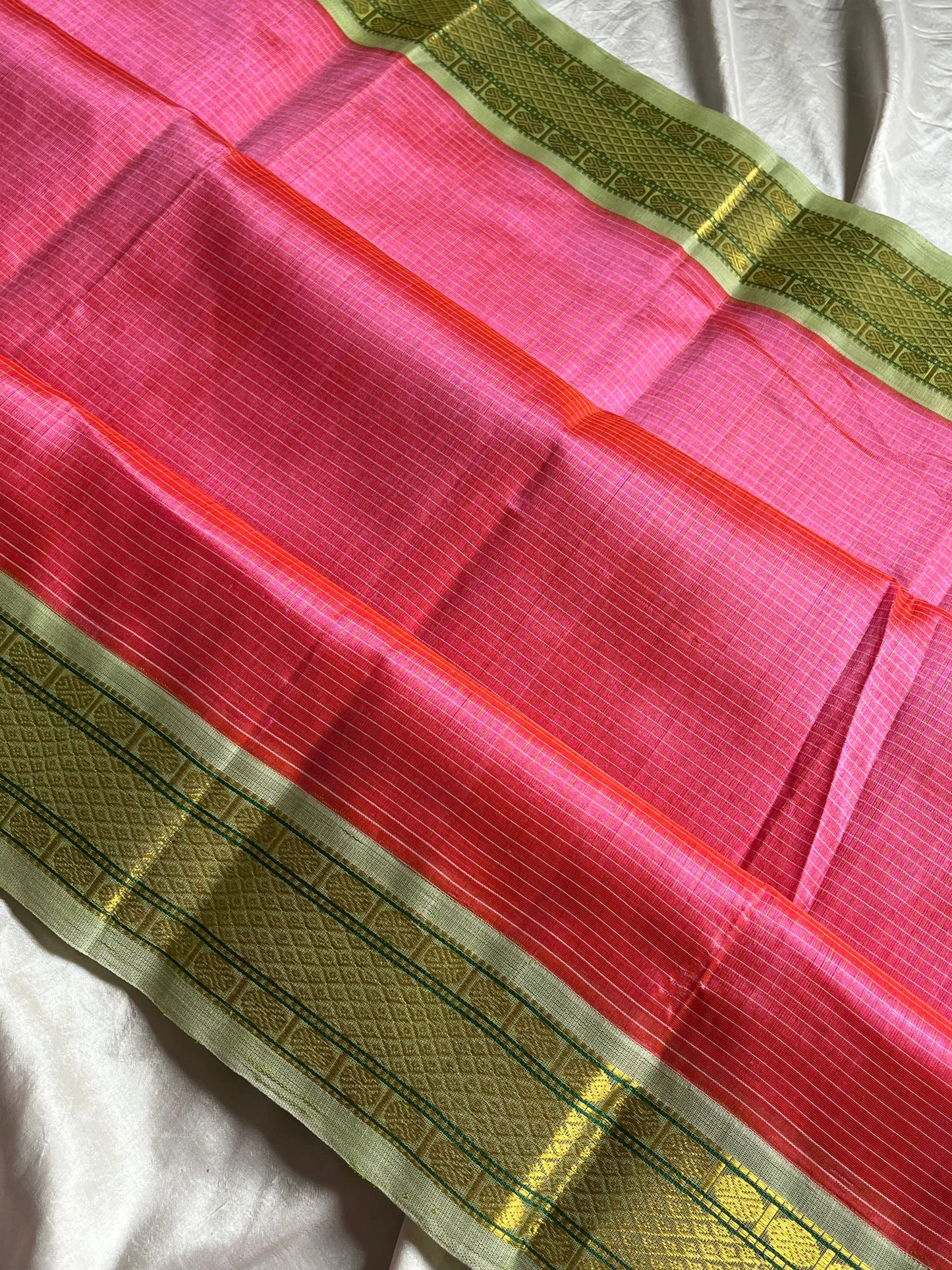 Pattu Nool Edit – Pink with Pastel Green Kanchi Silkcotton