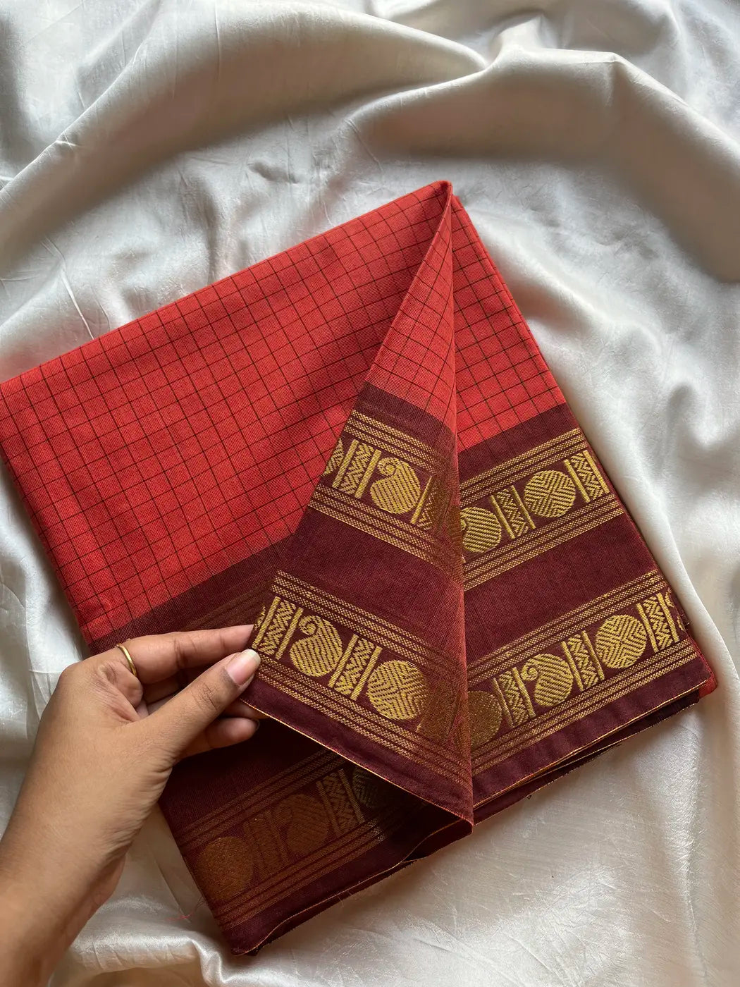 Kattam Edit | Chettinadu Cotton Checked Saree – Peach