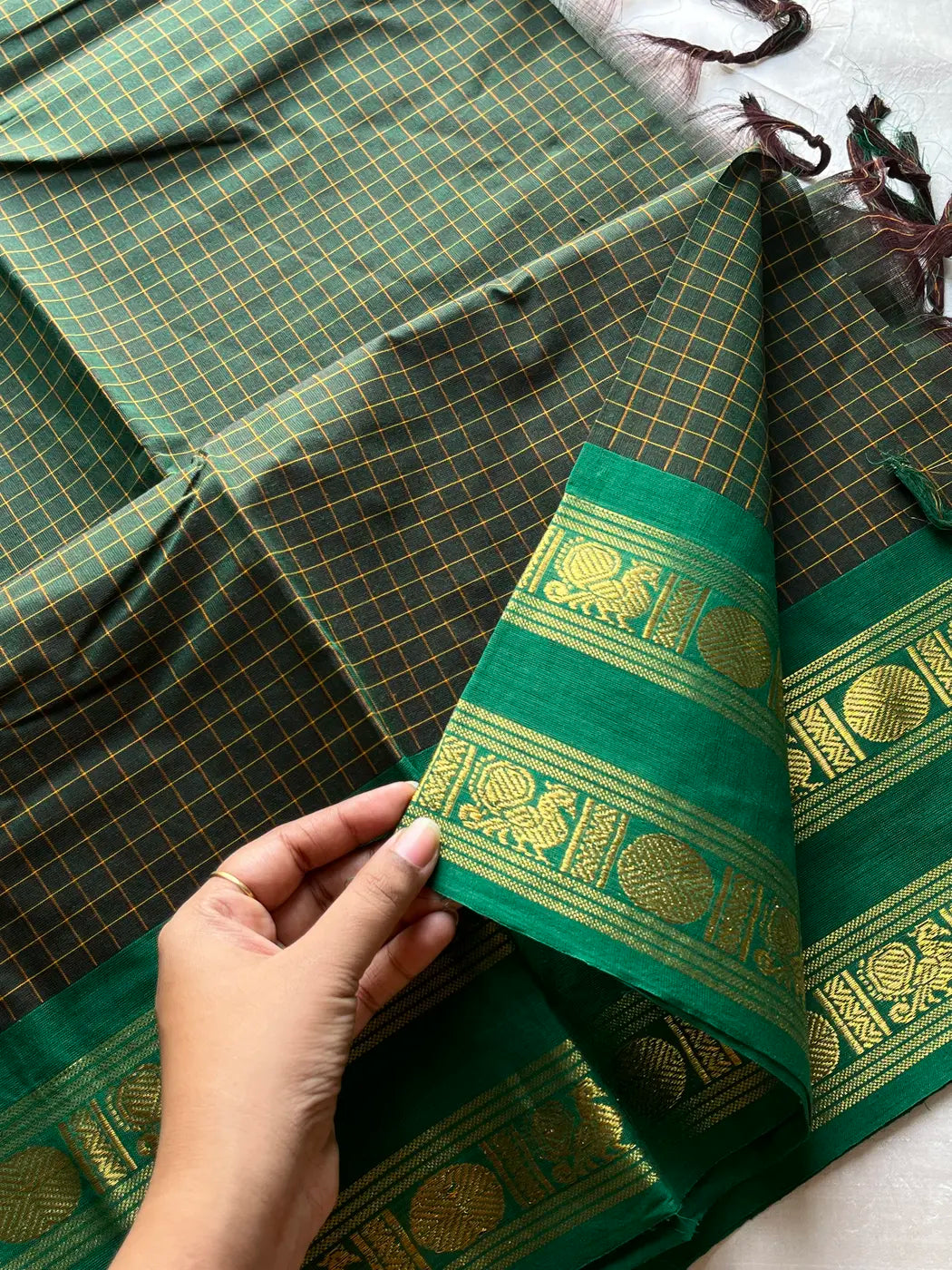 Kattam Edit | Chettinadu Cotton Checked Saree – Dark Green