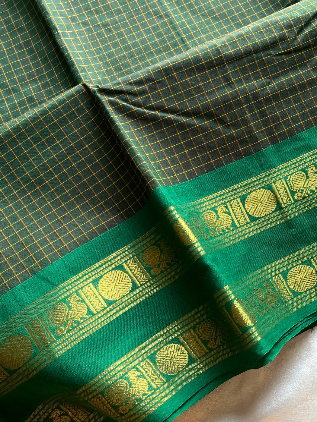 Kattam Edit | Chettinadu Cotton Checked Saree – Dark Green