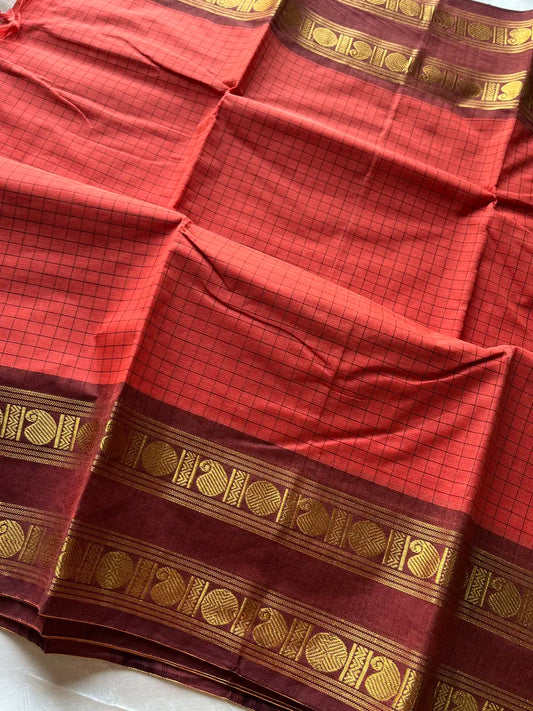Kattam Edit | Chettinadu Cotton Checked Saree – Peach
