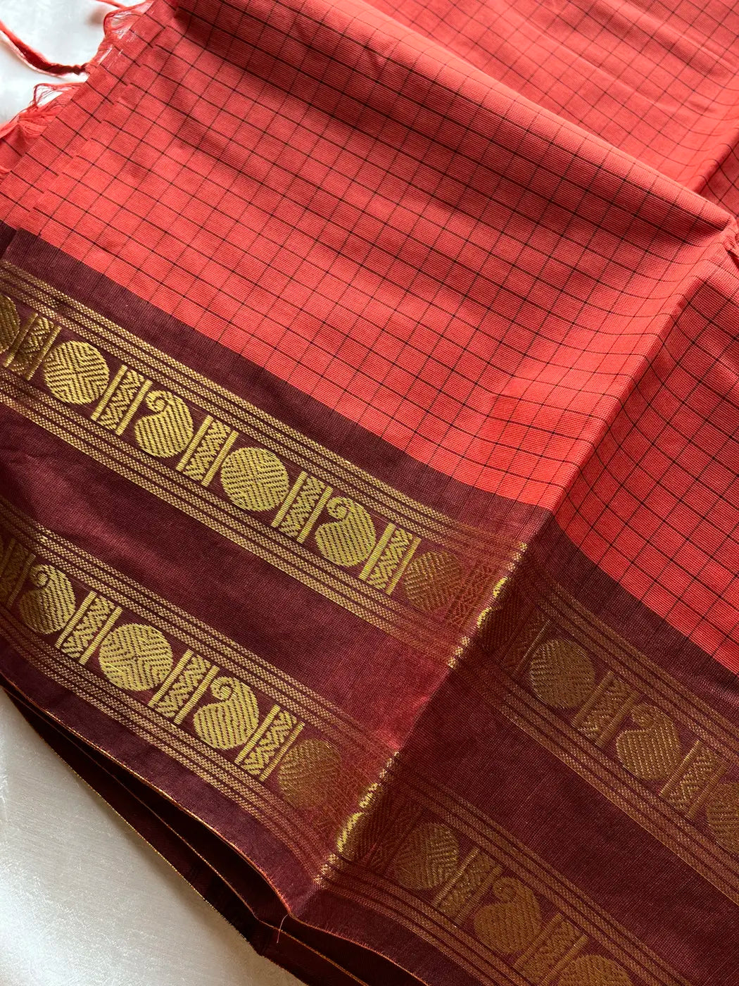 Kattam Edit | Chettinadu Cotton Checked Saree – Peach