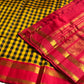 Yellow & black checked Kanchi silk cotton Paalum Pazhamum Kattam saree with red zari border and grand pallu – House of Thansha