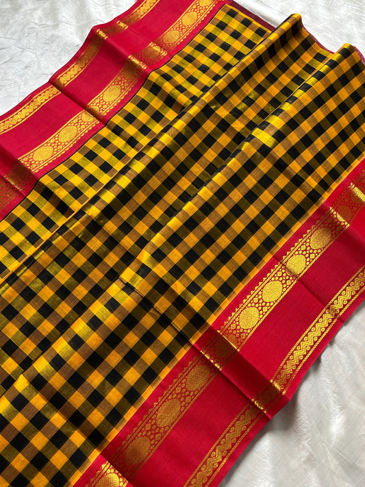 Yellow & black checked Kanchi silk cotton Paalum Pazhamum Kattam saree with red zari border and grand pallu – House of Thansha