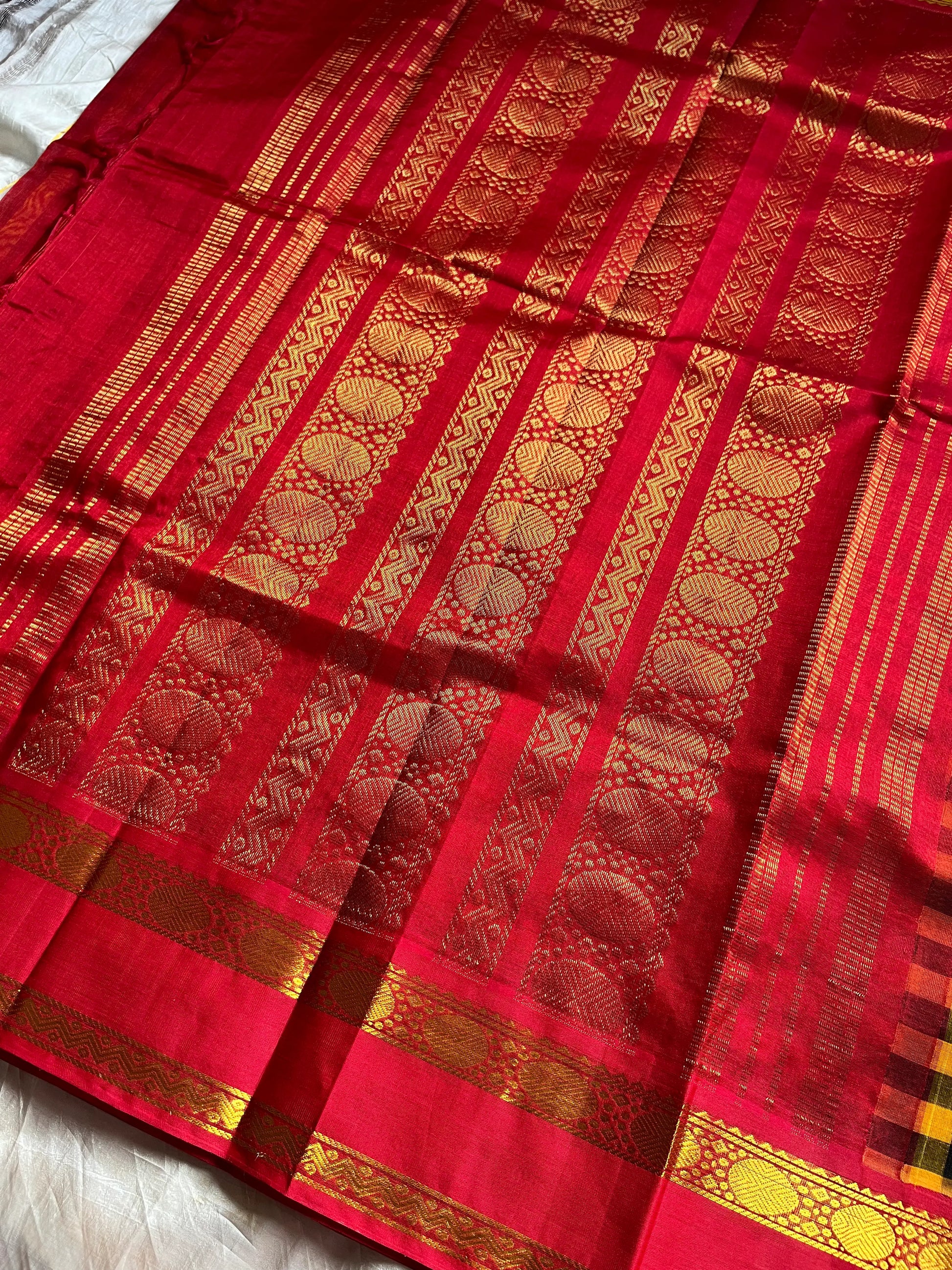 Yellow & black checked Kanchi silk cotton Paalum Pazhamum Kattam saree with red zari border and grand pallu – House of Thansha