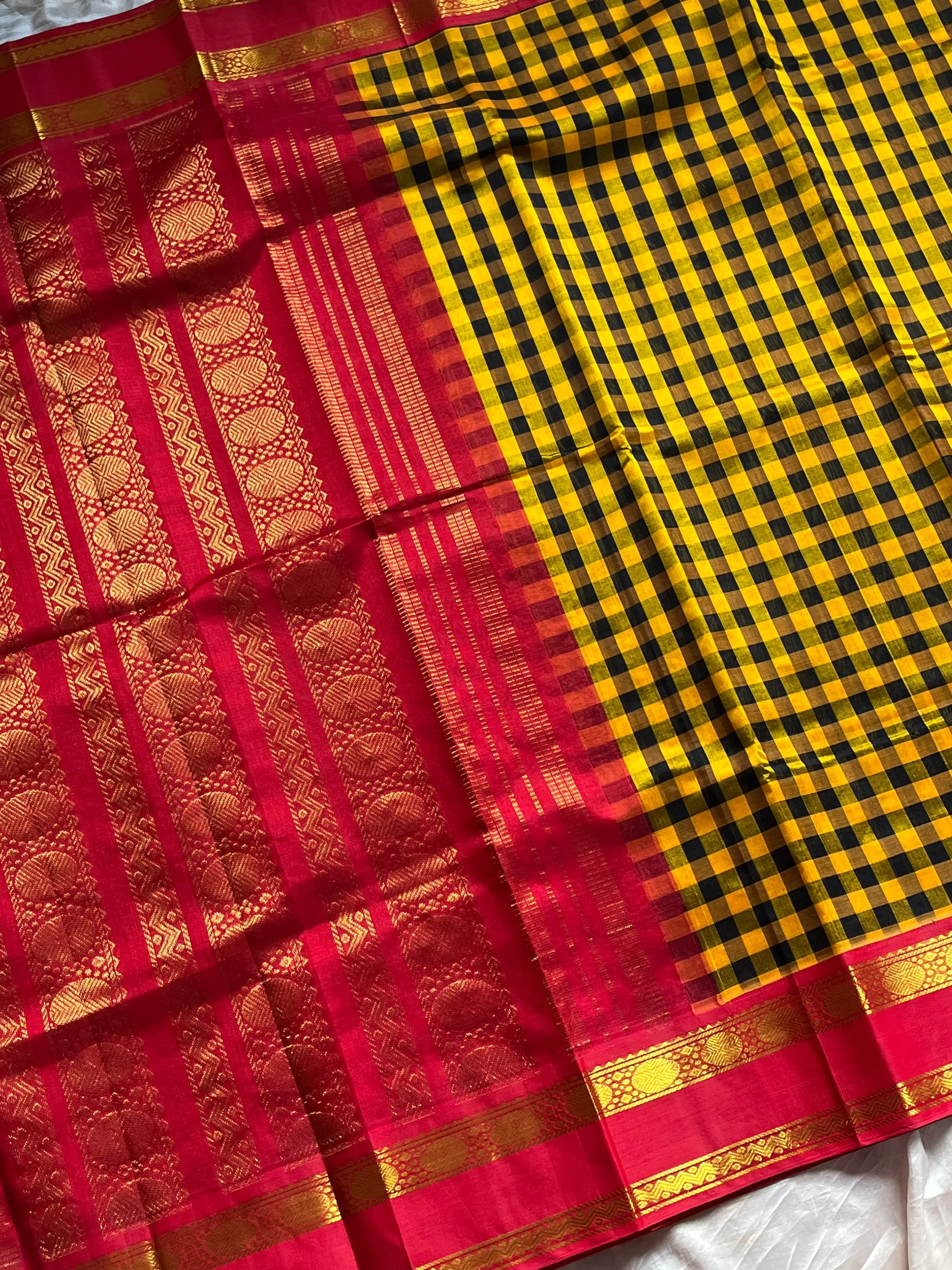 Yellow & black checked Kanchi silk cotton Paalum Pazhamum Kattam saree with red zari border and grand pallu – House of Thansha