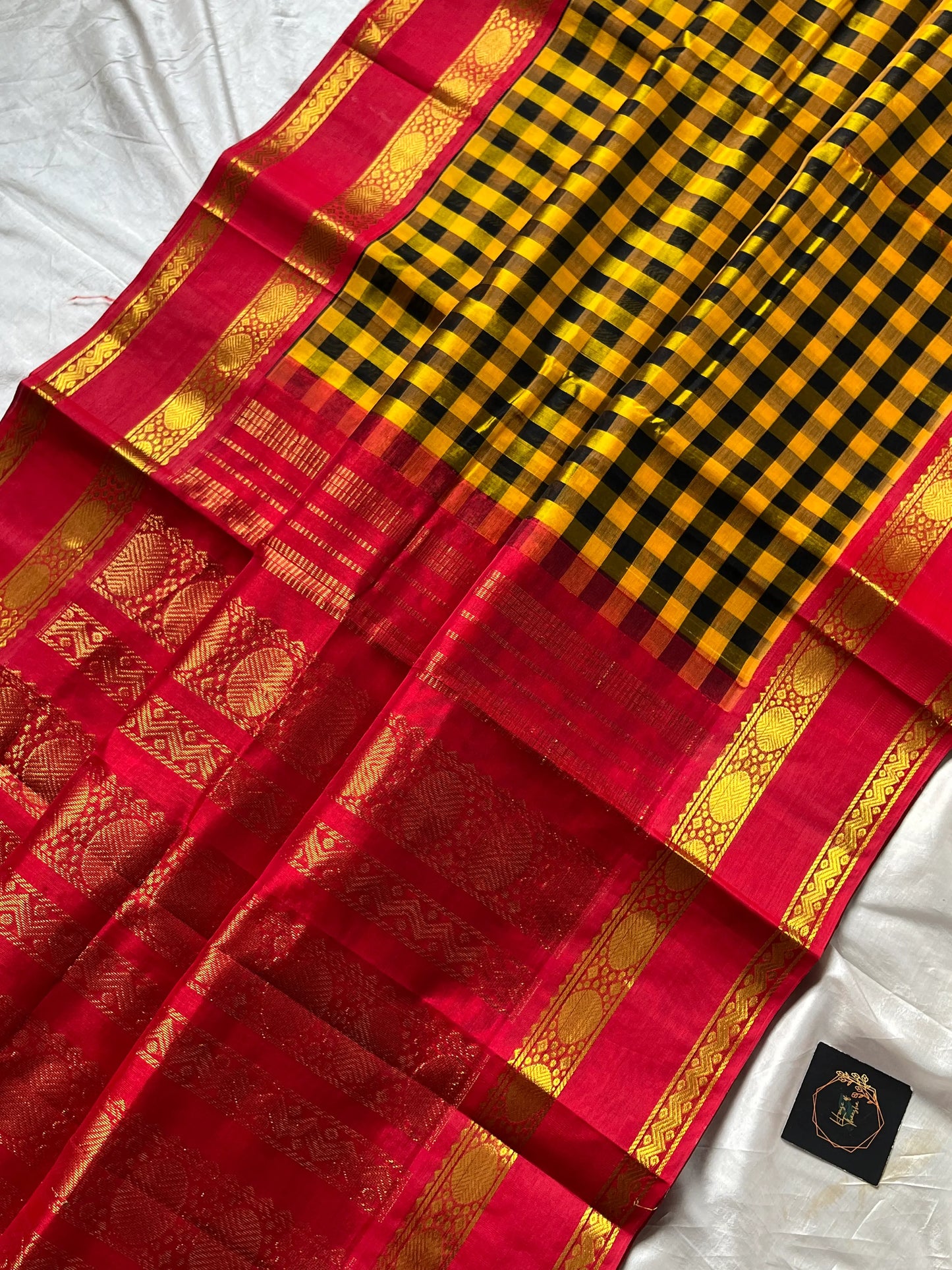 Yellow & black checked Kanchi silk cotton Paalum Pazhamum Kattam saree with red zari border and grand pallu – House of Thansha