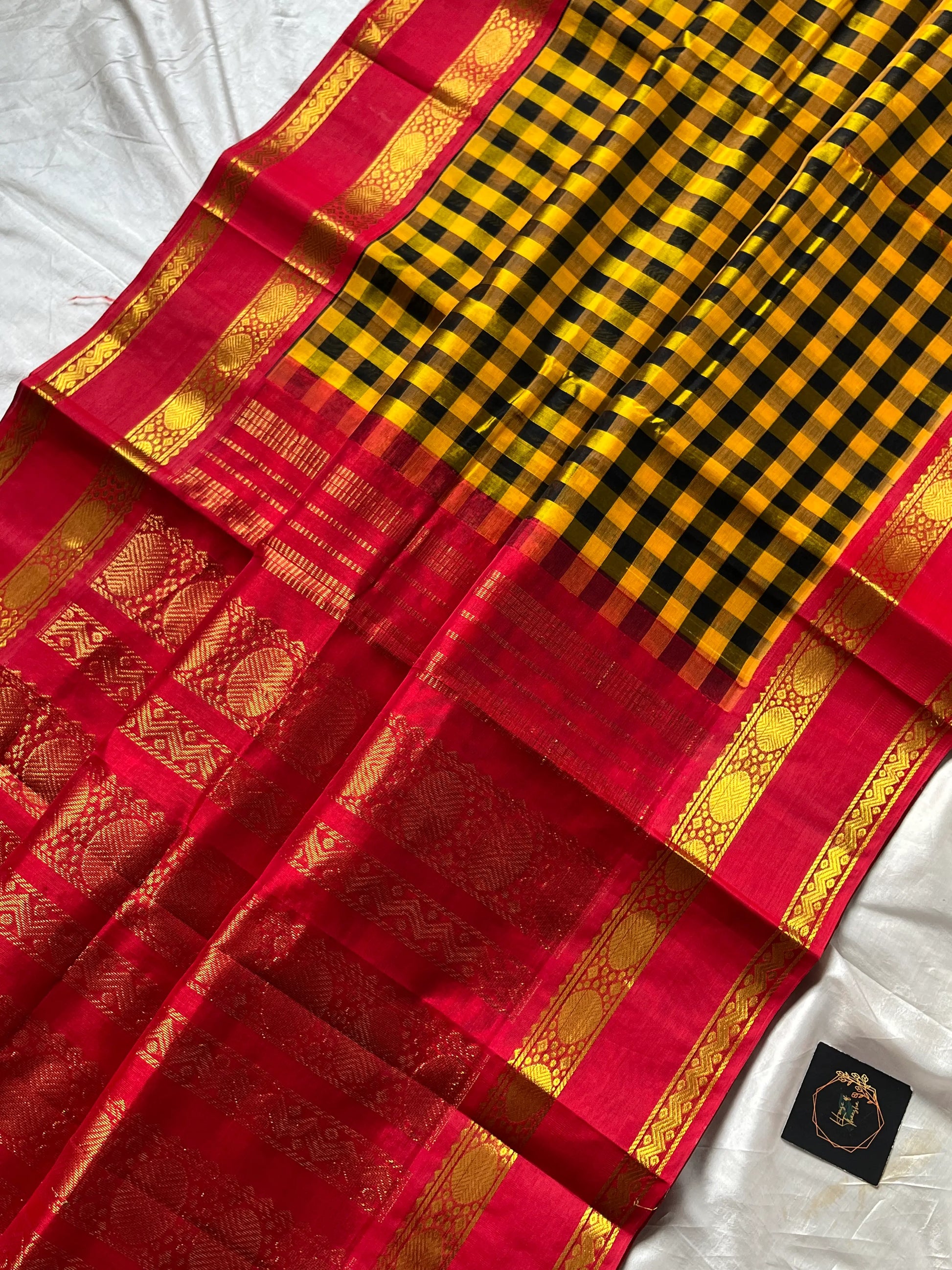 Yellow & black checked Kanchi silk cotton Paalum Pazhamum Kattam saree with red zari border and grand pallu – House of Thansha