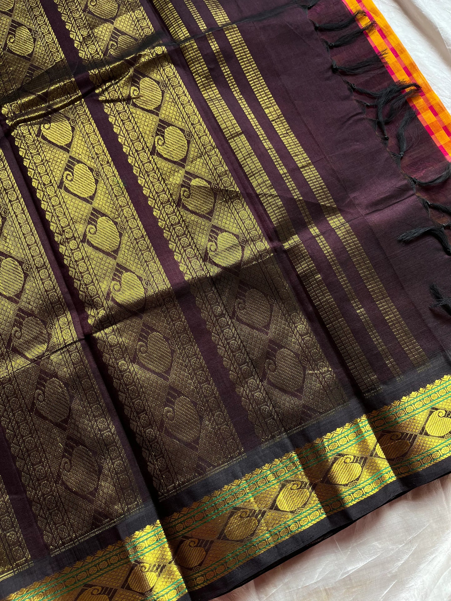 Paalum Pazhamum Kattam - Yellow Pink Checks with Coffee Brown Kanchi Silkcotton