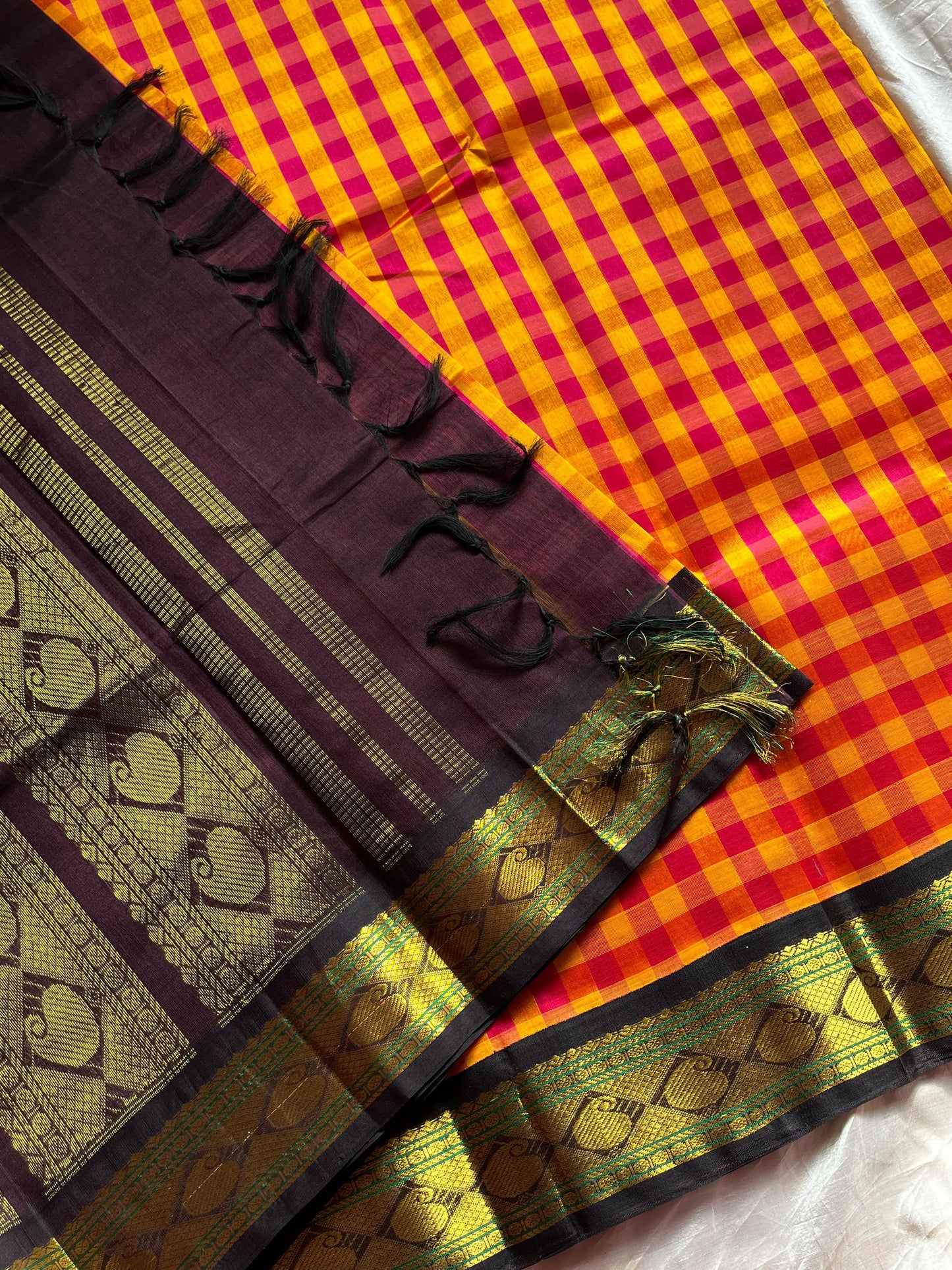 Paalum Pazhamum Kattam - Yellow Pink Checks with Coffee Brown Kanchi Silkcotton